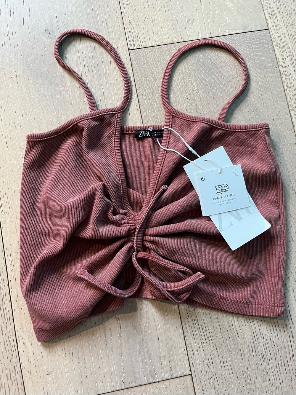 Zara Dusty Rose Ribbed Drawstring Crop Top - Picture 4 of 7